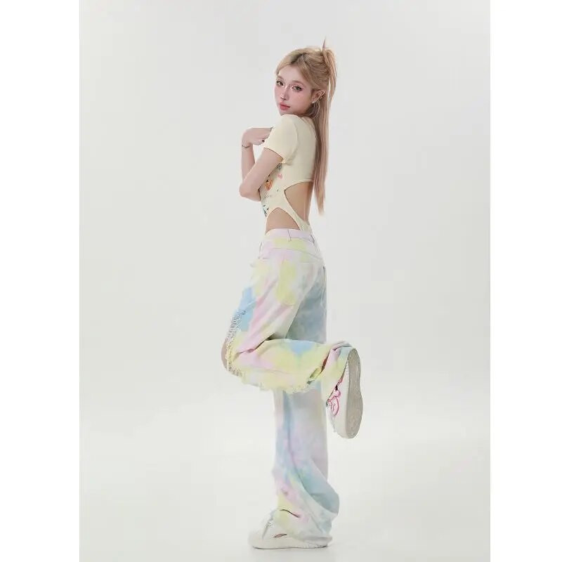 Euroopa ja Ameerika moekad vikerkaarekujulised perforeeritud teksad Naiste kõrge vöökohaga sirge sääre laia säärega püksid