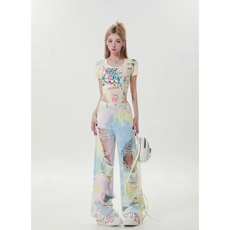 Euroopa ja Ameerika moekad vikerkaarekujulised perforeeritud teksad Naiste kõrge vöökohaga sirge sääre laia säärega püksid