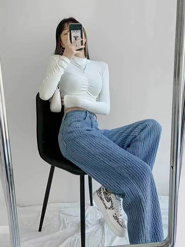 Moteriški džinsai 2022 m. plačios kelnės Moteriškos laisvalaikio tiesios kelnės Moteriškos kelnės aukštu juosmeniu Nemokamas pristatymas Retro aukšto juosmens kelnės Fashi