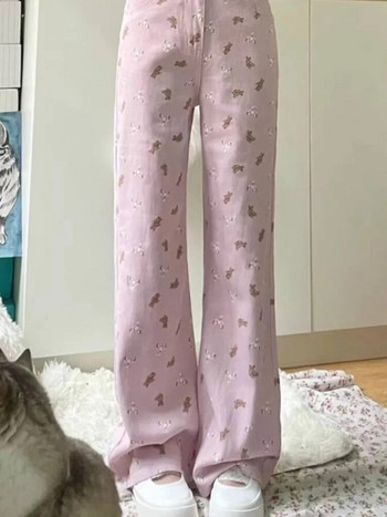 Ladies Lovely Pink Bear Print Straight Jeans Γυναικεία Καλοκαιρινή ψηλή μέση φαρδιά τζιν παντελόνι με φαρδύ πόδι Micro-καμπάνα