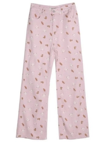 Ladies Lovely Pink Bear Print Straight Jeans Γυναικεία Καλοκαιρινή ψηλή μέση φαρδιά τζιν παντελόνι με φαρδύ πόδι Micro-καμπάνα