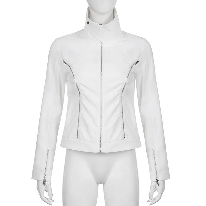 FUFUCAILLM Moteriška striukė su užtrauktuku Atverčiama apykakle ilgomis rankovėmis paltai Goth Top rudens rudens viršutiniai drabužiai Punk stiliaus y2k drabužiai Gatvės drabužiai