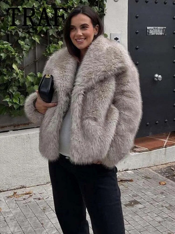 Μπουφάν TRAF Faux Fur Cropped για Γυναικεία Παλτό Χοντρό Ζεστό Μαλακό Μπουφάν Γυναικείο 2023 Μακρυμάνικο Casual Χειμερινό Παλτό σε Νέα Εξωτερικά Ενδύματα