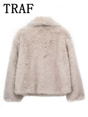 Μπουφάν TRAF Faux Fur Cropped για Γυναικεία Παλτό Χοντρό Ζεστό Μαλακό Μπουφάν Γυναικείο 2023 Μακρυμάνικο Casual Χειμερινό Παλτό σε Νέα Εξωτερικά Ενδύματα