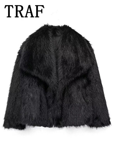 TRAF kunstkarusnahast kärbitud jakid naistele mantlid Paks soe pehme jope naine 2023 pikkade varrukatega vabaaja mantel uutes ülerõivastes