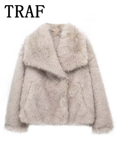 TRAF kunstkarusnahast kärbitud jakid naistele mantlid Paks soe pehme jope naine 2023 pikkade varrukatega vabaaja mantel uutes ülerõivastes