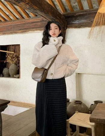 Vintage Cropped Stand Neck Loose Casual Jacket Ιαπωνικά Streetwear Fashion Fluffy Παλτό Y2k Αισθητικό Grunge Γυναικείο παλτό Chaqueta