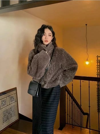 Vintage Cropped Stand Neck Loose Casual Jacket Ιαπωνικά Streetwear Fashion Fluffy Παλτό Y2k Αισθητικό Grunge Γυναικείο παλτό Chaqueta