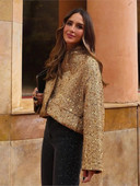 Madinga metalo spalvos auksinė striukė su blizgučiais O kaklo striukė moteriška laisva apykakle ilgomis rankovėmis, 2023 m. rudens, žiemos gatvės moteriški viršutiniai drabužiai