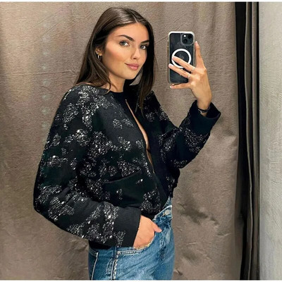 Madinga metalo spalvos auksinė striukė su blizgučiais O kaklo striukė moteriška laisva apykakle ilgomis rankovėmis, 2023 m. rudens, žiemos gatvės moteriški viršutiniai drabužiai