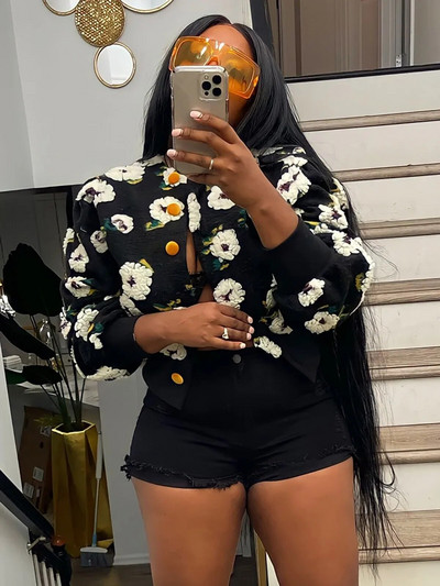 CM.YAYA Elegantne naiste nööbiga esiosa, lillelised aplikatsioonid, pikkade varrukatega jakk paks, soe INS 2022 talve tänavarõivad, mood ülerõivad