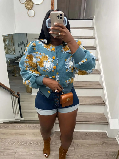 CM.YAYA Elegantne naiste nööbiga esiosa, lillelised aplikatsioonid, pikkade varrukatega jakk paks, soe INS 2022 talve tänavarõivad, mood ülerõivad