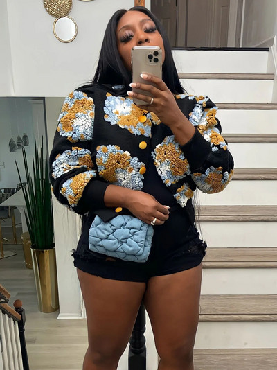 CM.YAYA Elegantne naiste nööbiga esiosa, lillelised aplikatsioonid, pikkade varrukatega jakk paks, soe INS 2022 talve tänavarõivad, mood ülerõivad