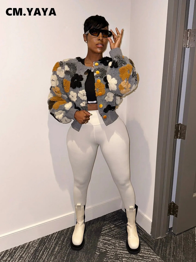 CM.YAYA Elegantne naiste nööbiga esiosa, lillelised aplikatsioonid, pikkade varrukatega jakk paks, soe INS 2022 talve tänavarõivad, mood ülerõivad