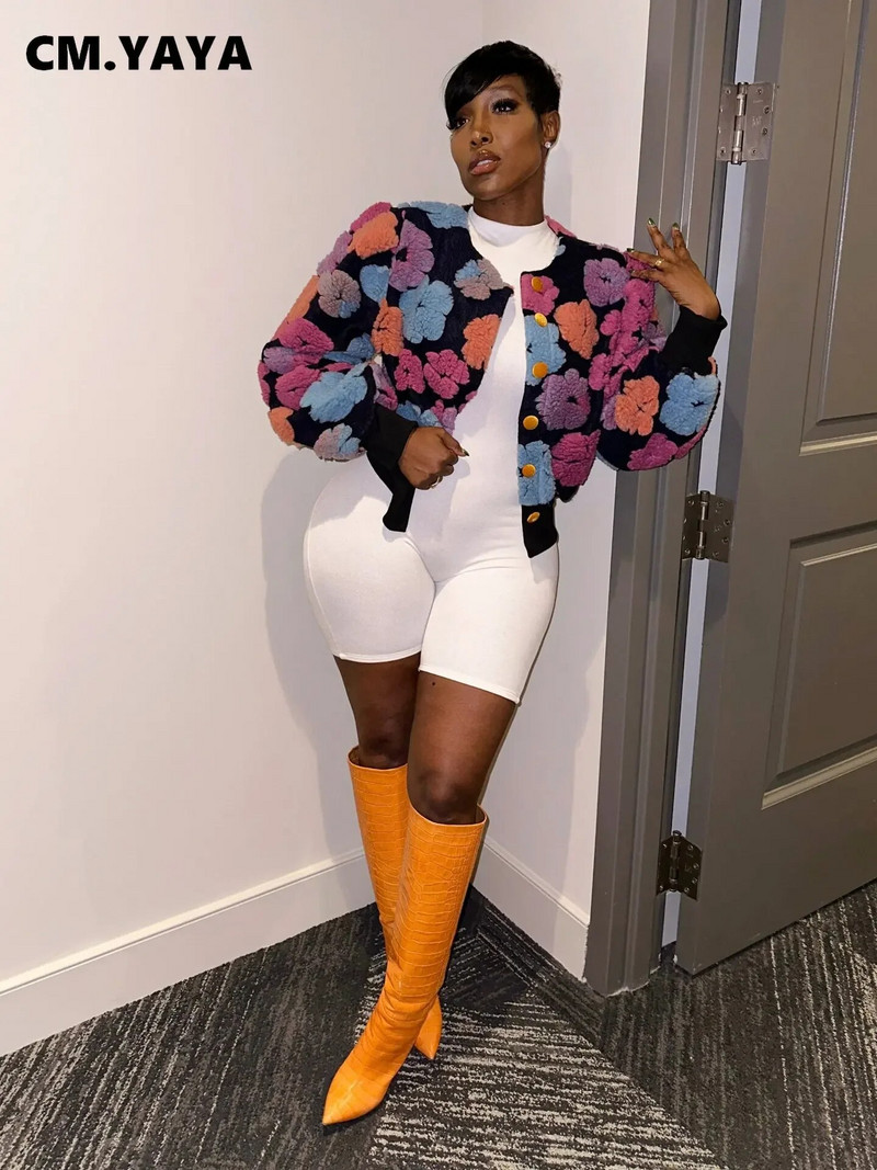 CM.YAYA Elegantne naiste nööbiga esiosa, lillelised aplikatsioonid, pikkade varrukatega jakk paks, soe INS 2022 talve tänavarõivad, mood ülerõivad
