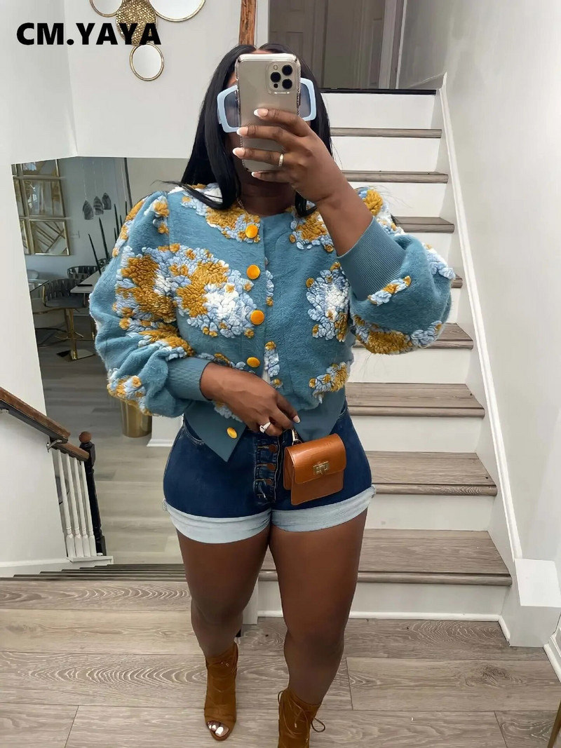 CM.YAYA Elegantne naiste nööbiga esiosa, lillelised aplikatsioonid, pikkade varrukatega jakk paks, soe INS 2022 talve tänavarõivad, mood ülerõivad
