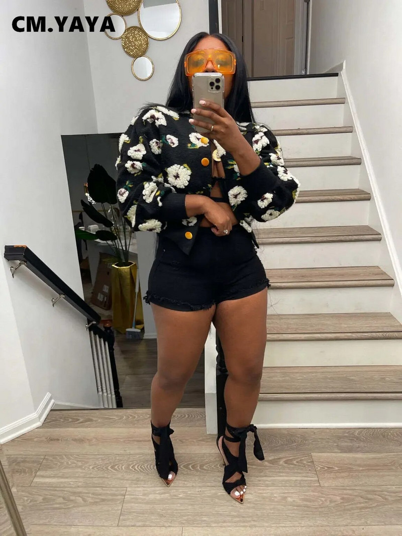 CM.YAYA Elegantne naiste nööbiga esiosa, lillelised aplikatsioonid, pikkade varrukatega jakk paks, soe INS 2022 talve tänavarõivad, mood ülerõivad