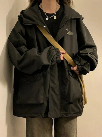 Голямо яке с качулка Дамско винтидж свободно яке с ветровка Дамско корейско стилно Harajuku Ежедневно палто с цип Lady Jaqueta