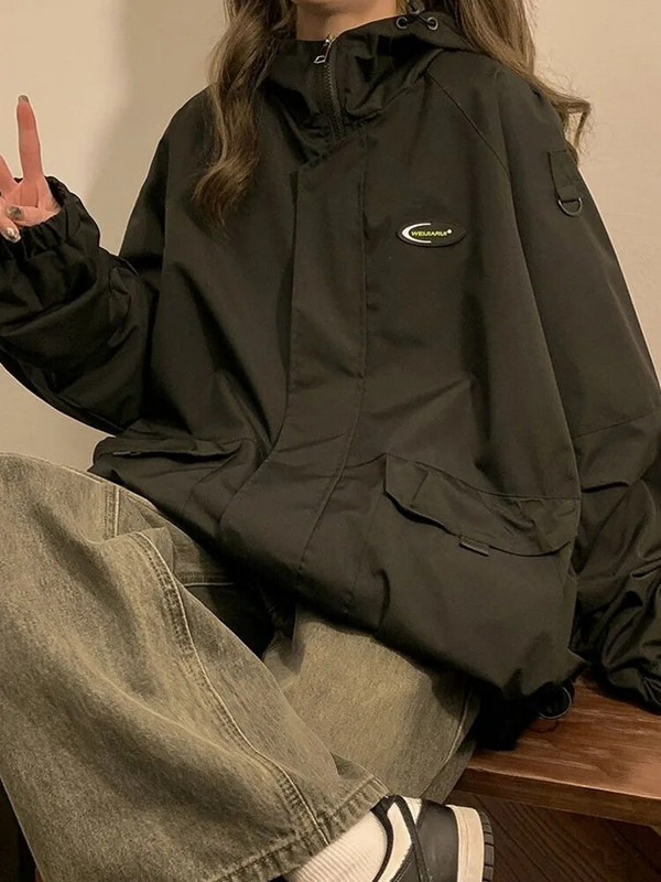 Suuremõõtmeline kapuutsiga jope Naiste Vintage lahtised tuulejakid Naiste Korea stiilne Harajuku vabaaja lukuga mantel Daam Jaqueta