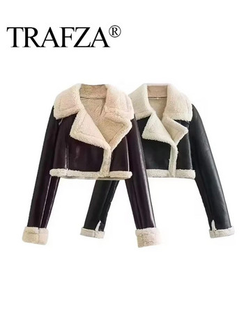 TRAFZA Дамско дебело палто от агнешка вълна Реколта Топли ревери Модни плътни предни якета с цип Дамско облекло с дълги ръкави с ревер
