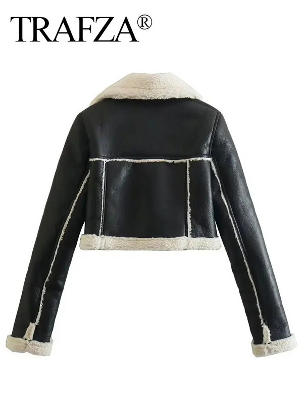 TRAFZA naiste paks lambavillast mantel Vintage, soe reväär Moodne soliidne eesmine tõmblukuga jakid naiste revääri kaelus pikkade varrukatega komplekt