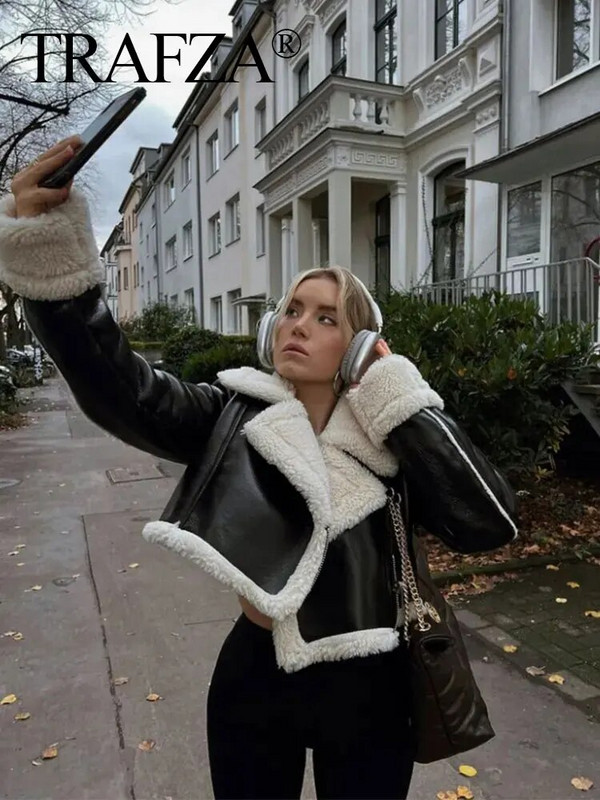 TRAFZA naiste paks lambavillast mantel Vintage, soe reväär Moodne soliidne eesmine tõmblukuga jakid naiste revääri kaelus pikkade varrukatega komplekt