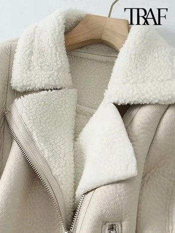 TRAF Дамско модно дебело топло зимно кожено яке от изкуствена кожа, палто, реколта, дамско връхно облекло с дълъг ръкав, шикозни топове