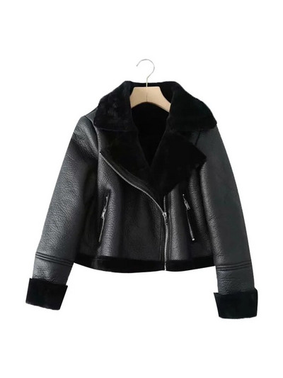 TRAF Moteriški madingi stori šilti žieminiai kailiai dirbtinės odos apkarpytos striukės paltas Vintažinis ilgomis rankovėmis moteriškas viršutinis drabužis Prašmatnios viršūnės