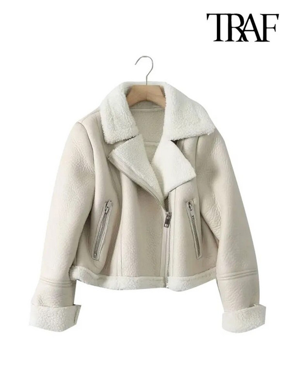 TRAF Moteriški madingi stori šilti žieminiai kailiai dirbtinės odos apkarpytos striukės paltas Vintažinis ilgomis rankovėmis moteriškas viršutinis drabužis Prašmatnios viršūnės