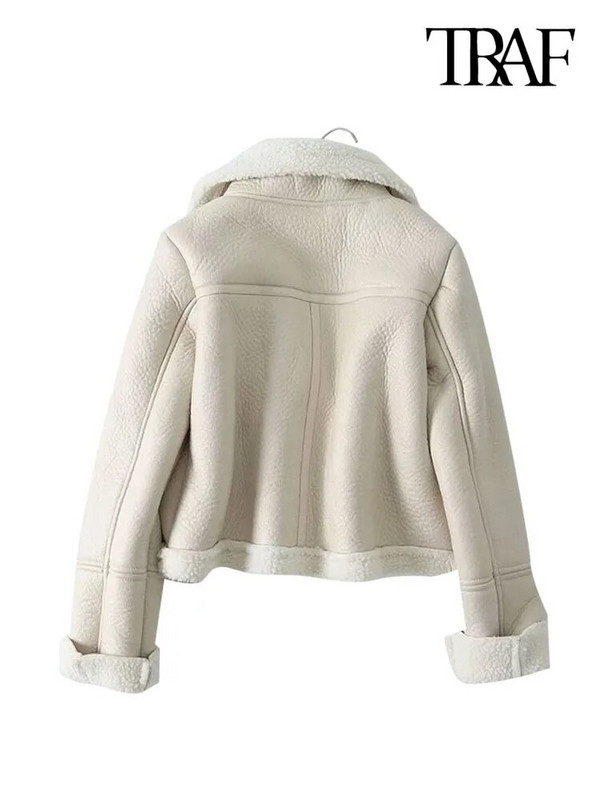 TRAF Moteriški madingi stori šilti žieminiai kailiai dirbtinės odos apkarpytos striukės paltas Vintažinis ilgomis rankovėmis moteriškas viršutinis drabužis Prašmatnios viršūnės