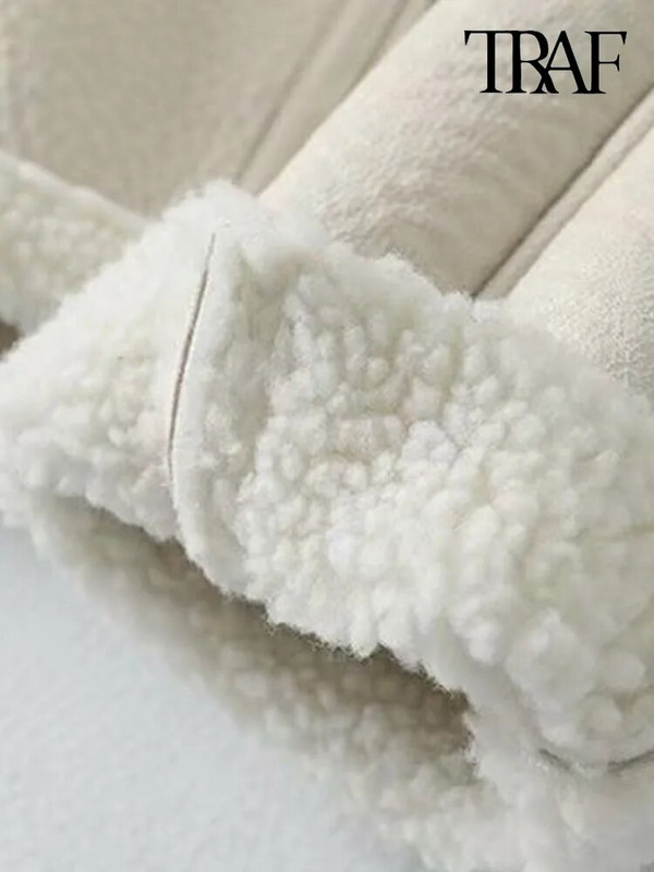 TRAF Moteriški madingi stori šilti žieminiai kailiai dirbtinės odos apkarpytos striukės paltas Vintažinis ilgomis rankovėmis moteriškas viršutinis drabužis Prašmatnios viršūnės