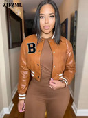 Letter B PU kunstnahast Crop Bomber mantlid Naiste püstkrae Täisvarrukatega pesapallijoped Tänavarõivad, nööbiga alla, õhukesed mantlid