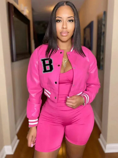 Letter B PU kunstnahast Crop Bomber mantlid Naiste püstkrae Täisvarrukatega pesapallijoped Tänavarõivad, nööbiga alla, õhukesed mantlid