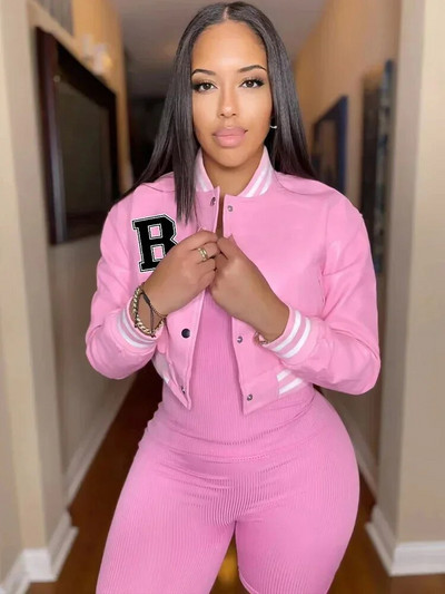 Letter B PU kunstnahast Crop Bomber mantlid Naiste püstkrae Täisvarrukatega pesapallijoped Tänavarõivad, nööbiga alla, õhukesed mantlid