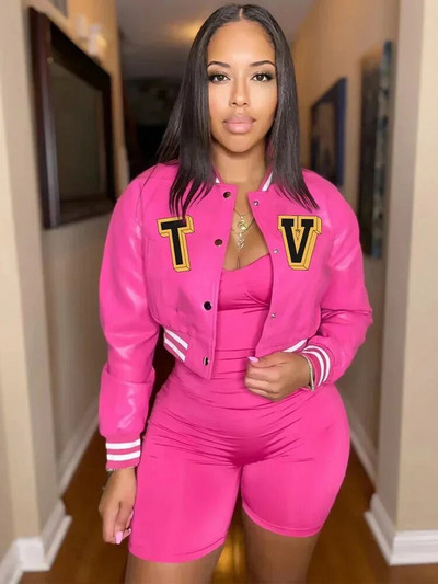 Letter B PU kunstnahast Crop Bomber mantlid Naiste püstkrae Täisvarrukatega pesapallijoped Tänavarõivad, nööbiga alla, õhukesed mantlid