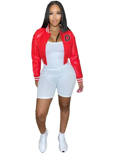 Letter B PU kunstnahast Crop Bomber mantlid Naiste püstkrae Täisvarrukatega pesapallijoped Tänavarõivad, nööbiga alla, õhukesed mantlid