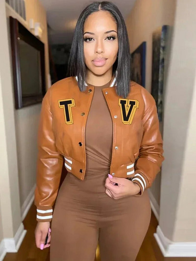 Letter B PU kunstnahast Crop Bomber mantlid Naiste püstkrae Täisvarrukatega pesapallijoped Tänavarõivad, nööbiga alla, õhukesed mantlid