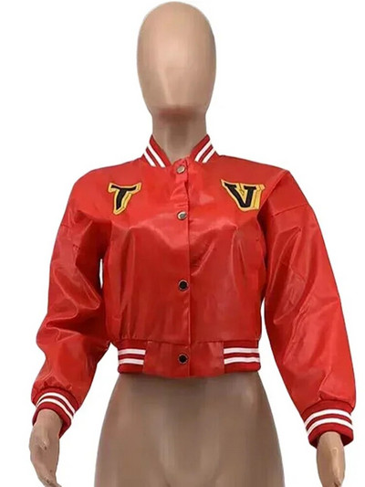 Letter B PU kunstnahast Crop Bomber mantlid Naiste püstkrae Täisvarrukatega pesapallijoped Tänavarõivad, nööbiga alla, õhukesed mantlid