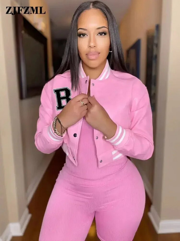 Letter B PU kunstnahast Crop Bomber mantlid Naiste püstkrae Täisvarrukatega pesapallijoped Tänavarõivad, nööbiga alla, õhukesed mantlid