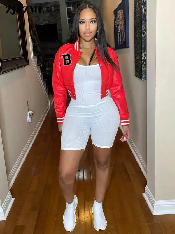 Letter B PU kunstnahast Crop Bomber mantlid Naiste püstkrae Täisvarrukatega pesapallijoped Tänavarõivad, nööbiga alla, õhukesed mantlid