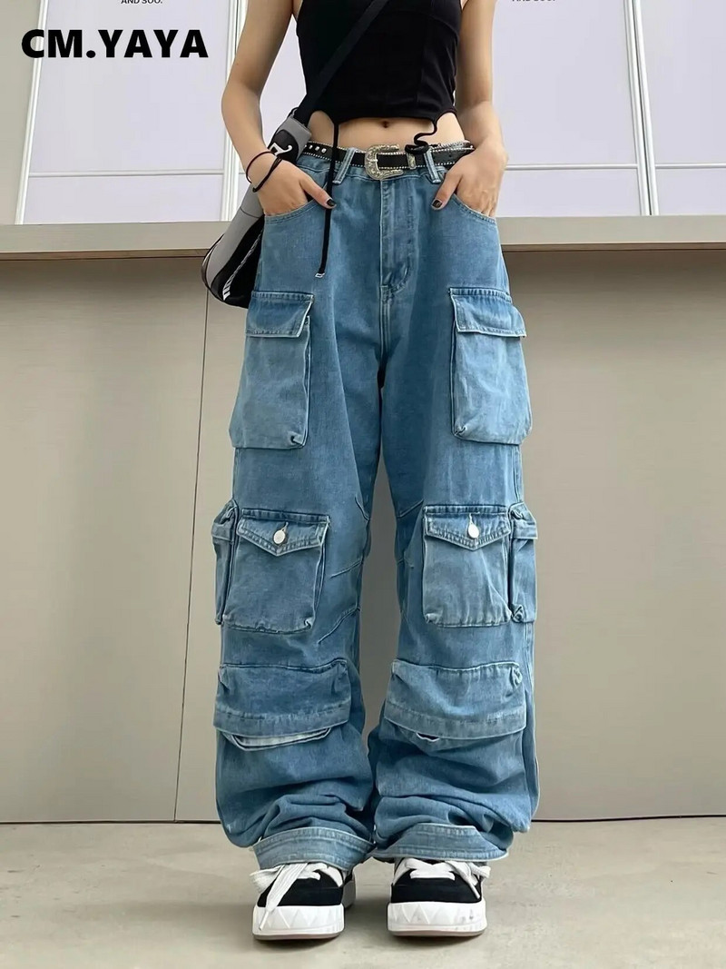 CM.YAYA naiste tänavarõivad, mood tasku ees, pitsäär, sirged teksapüksid 2023. aasta INS Safari stiilis laia säärega teksad