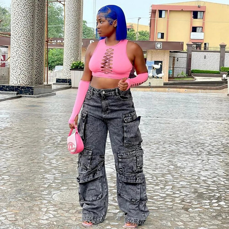 CM.YAYA naiste tänavarõivad, mood tasku ees, pitsäär, sirged teksapüksid 2023. aasta INS Safari stiilis laia säärega teksad