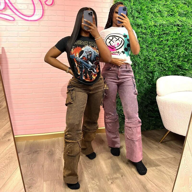 CM.YAYA naiste tänavarõivad, mood tasku ees, pitsäär, sirged teksapüksid 2023. aasta INS Safari stiilis laia säärega teksad