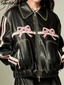 Elegantne vibu Y2k nahast polo-kaelusega naiste jope, tõmblukuga, pikkade varrukatega naiste üliliigne jahe mantel Sügisene šikk mootorratta tänavarõivad