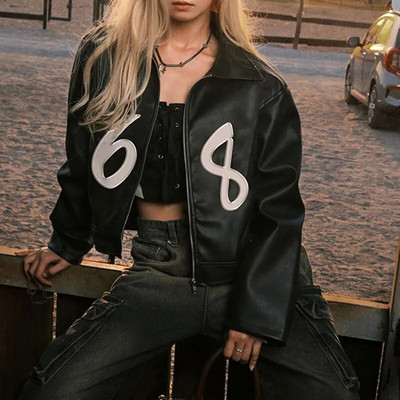 Elegantne vibu Y2k nahast polo-kaelusega naiste jope, tõmblukuga, pikkade varrukatega naiste üliliigne jahe mantel Sügisene šikk mootorratta tänavarõivad