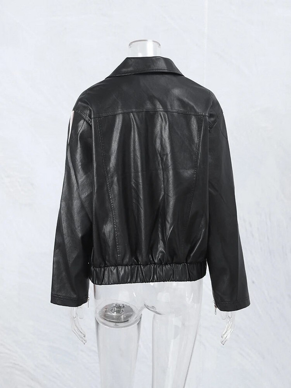 Elegantne vibu Y2k nahast polo-kaelusega naiste jope, tõmblukuga, pikkade varrukatega naiste üliliigne jahe mantel Sügisene šikk mootorratta tänavarõivad