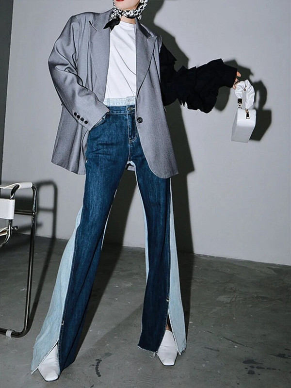 [EAM] Sinine Kontrastvärv Poolitatud Liigend Pikad Laia Sääre Teksad Uued Kõrge Vöökohaga Vabad Naiste Püksid Mood Kevad Sügis 2023 1T276