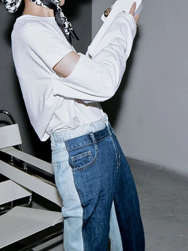 [EAM] Sinine Kontrastvärv Poolitatud Liigend Pikad Laia Sääre Teksad Uued Kõrge Vöökohaga Vabad Naiste Püksid Mood Kevad Sügis 2023 1T276