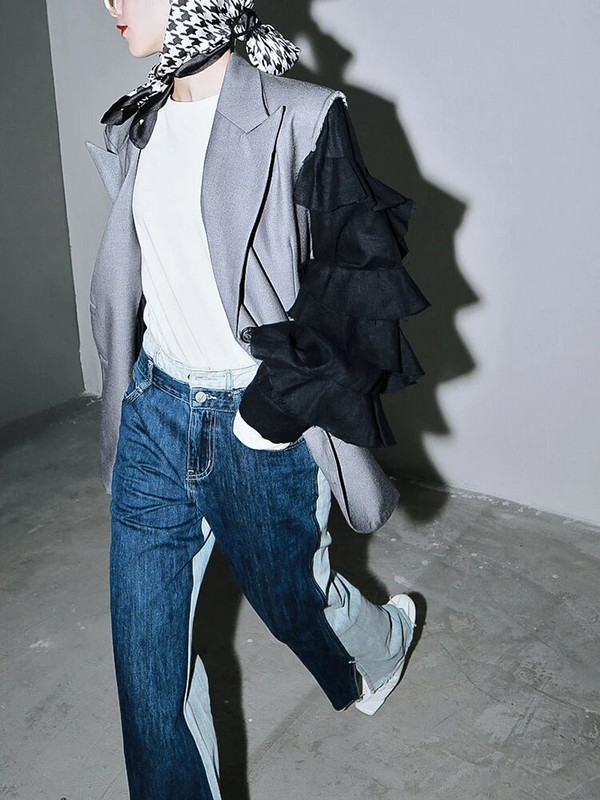 [EAM] Sinine Kontrastvärv Poolitatud Liigend Pikad Laia Sääre Teksad Uued Kõrge Vöökohaga Vabad Naiste Püksid Mood Kevad Sügis 2023 1T276