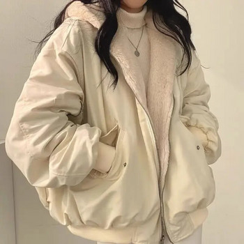 Корейски стил плюс кадифе, удебелено от двете страни, за носене на агнешка вълна, памучно облекло, дамско палто, зимно ново памучно яке с качулка